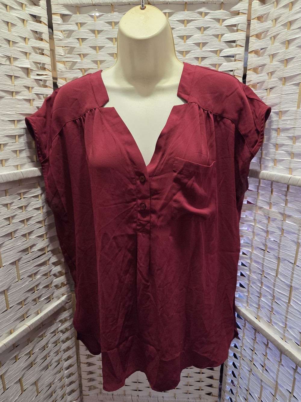 New York & Company Burgundy V-Neck Cap Sleeve Blouse